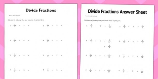 Year 6 Divide Fractions Worksheet   Worksheet
