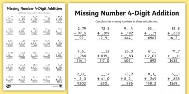 4 Digit Missing Number Addition Worksheet   Worksheet