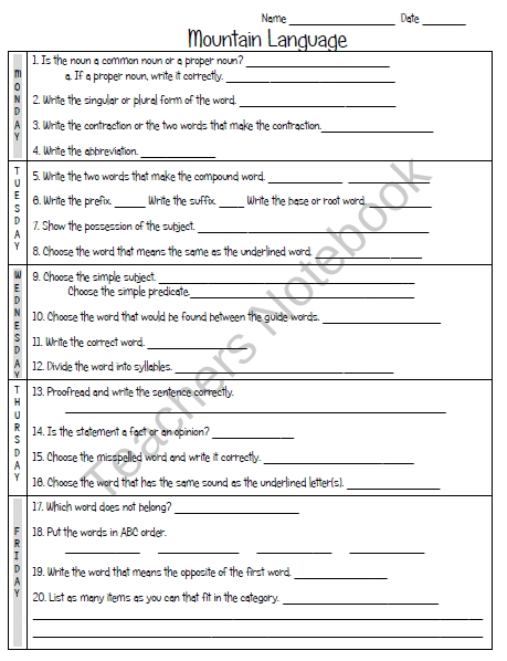 5th Grade Mountain Language Worksheet Product From 3rd