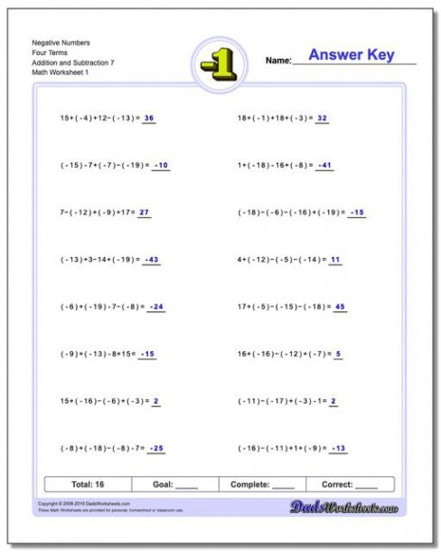 Adding And Subtracting Negative Numbers Worksheets