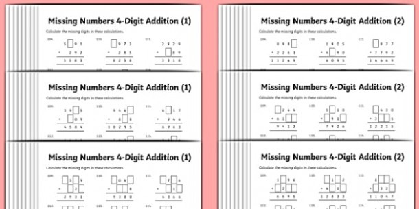 Addition 4 Digit Missing Numbers Differentiated Worksheet