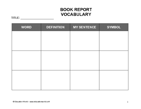 Book Report Vocabulary Worksheet Template