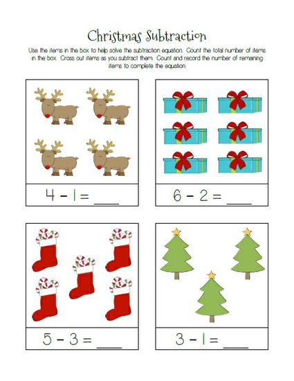 Christmas Subtraction Kindergarten Worksheets