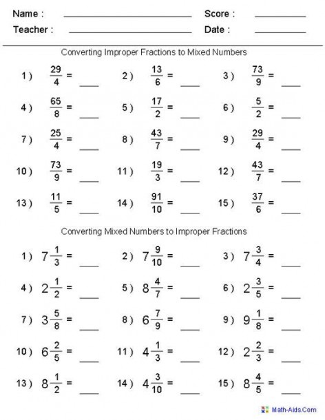 Converting Improper Fractions   Mixed Numbers Worksheets
