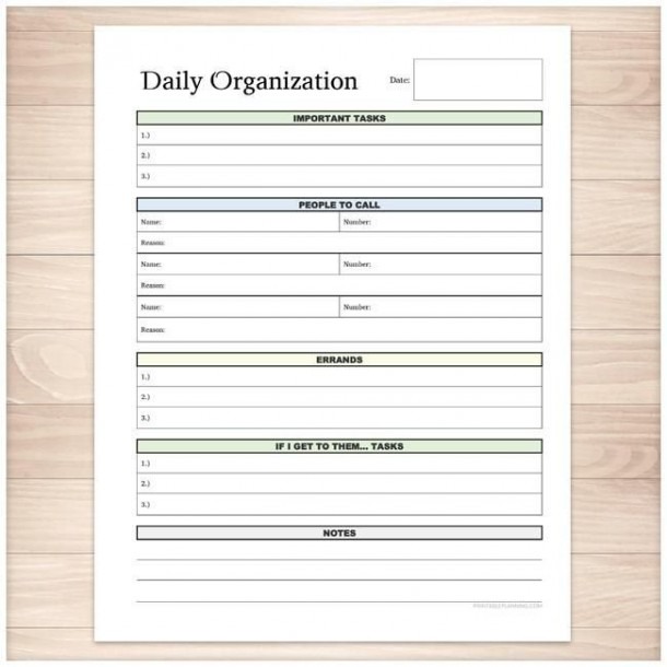 Daily Organization Category Task Sheet