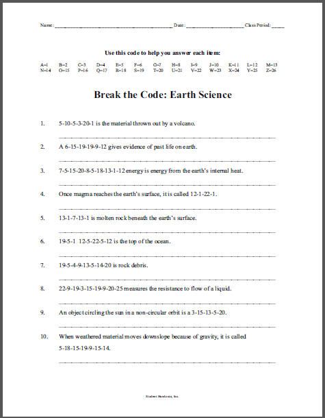 Earth Science Break The Code Puzzle