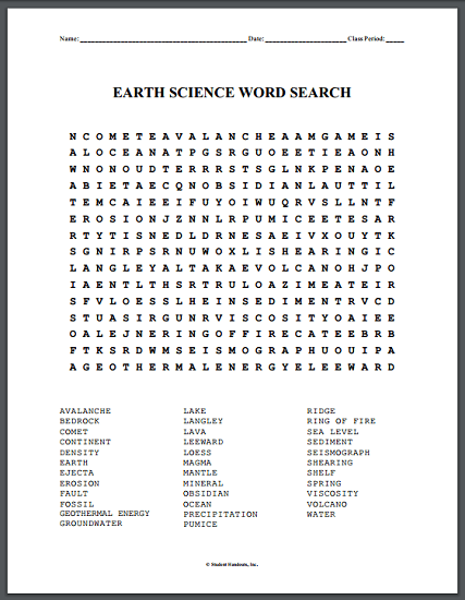 Earth Science Word Search Puzzle