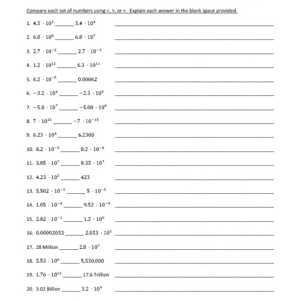 Eighth Grade Comparing Scientific Notation Worksheet 05     One Page