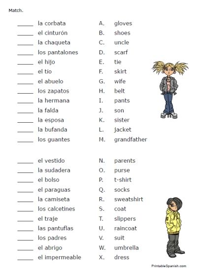 Free Clothing   Family Spanish Vocabulary Matching Worksheet From