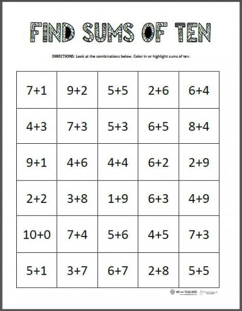 Free Math Printable  Find Sums Of 10
