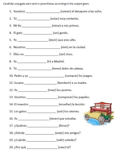 Free Spanish Verb Conjugation Sentences Worksheets Packet On