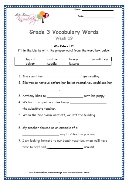 Grade 3  Vocabulary Worksheets Week 19