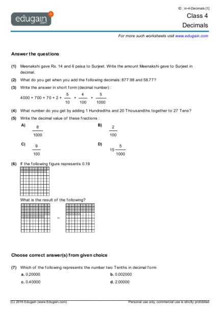 Grade 4 Math Worksheets And Problems  Decimals