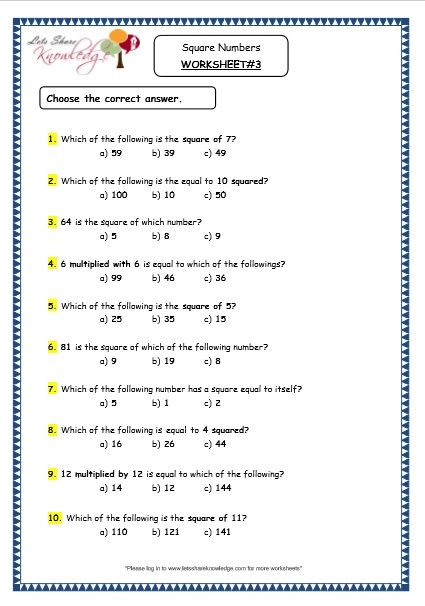 Grade 4 Maths Resources  1 12 Square Numbers Printable Worksheets