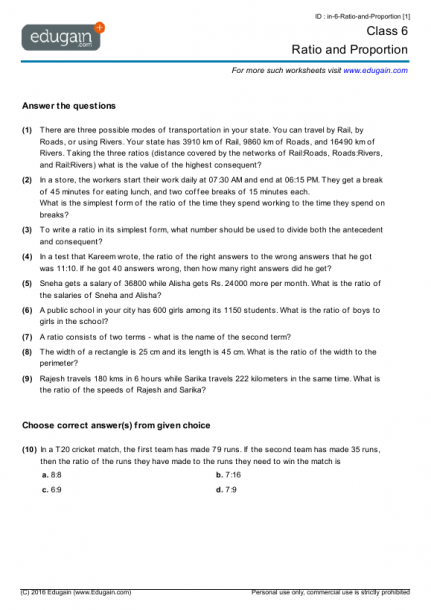 Grade 6 Math Worksheets And Problems  Ratio And Proportion