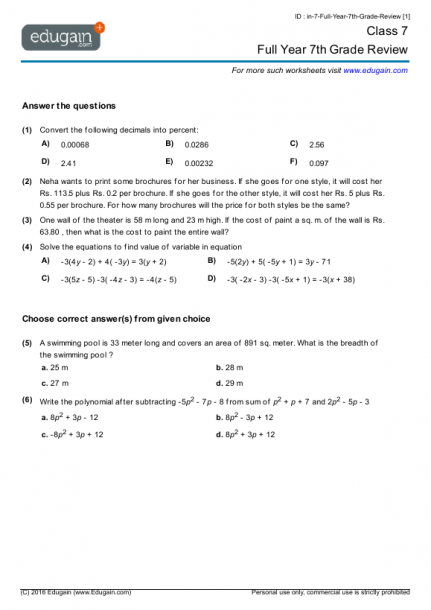 Grade 7 Math Worksheets And Problems  Full Year 7th Grade Review