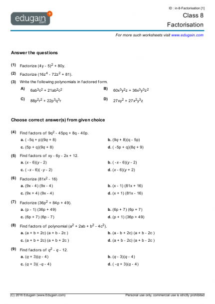 Grade 8 Math Worksheets And Problems  Factorisation