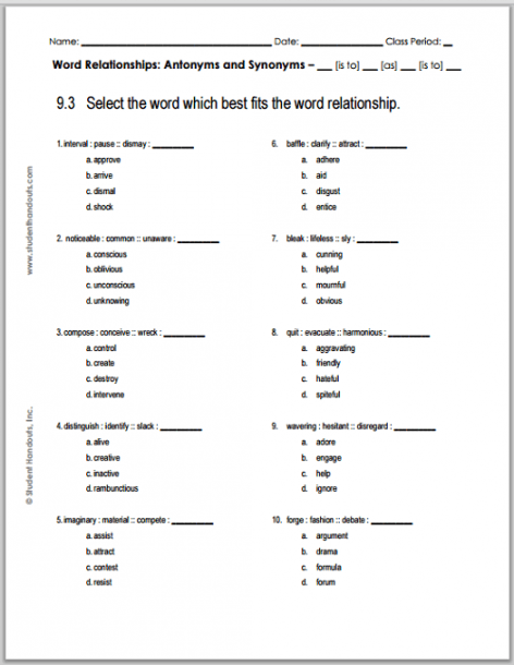 Grade 9 Verbal Reasoning Worksheet  3