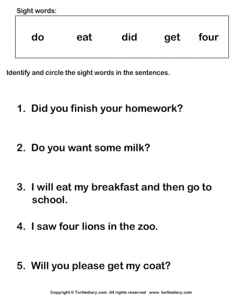 Identify Sight Words Do Eat Did Get Four Worksheet