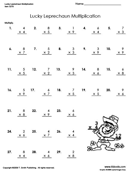Lucky Leprechaun Multiplication Worksheet 3