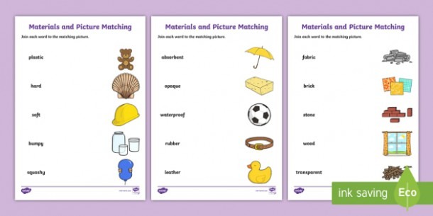 Materials Word And Picture Matching Worksheet