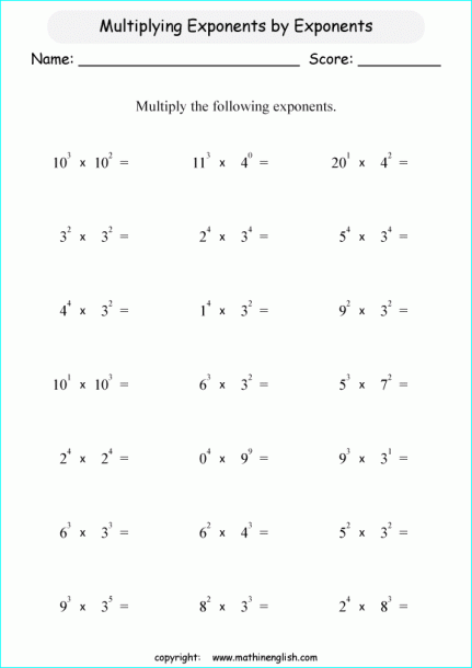 Multiply Exponents Printable Grade 6 Math Worksheet