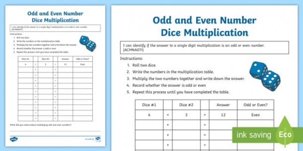 Odd And Even Number Dice Multiplication Worksheet   Worksheet
