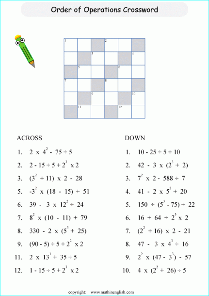Order Of Operations Math Crossword Puzzles