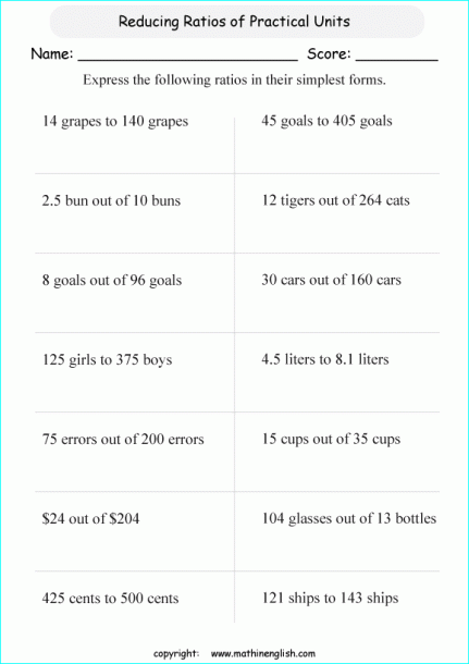 Practical Units Ratios Printable Grade 6 Math Worksheet