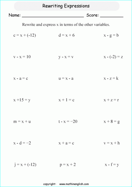 Rewrite Algebra Expressions Printable Grade 6 Math Worksheet