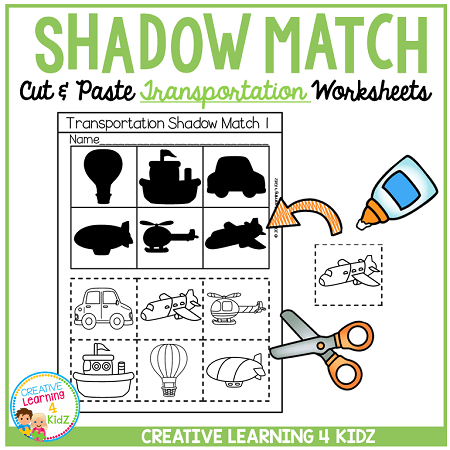 Shadow Matching Transportation Cut   Paste Worksheets  Digital