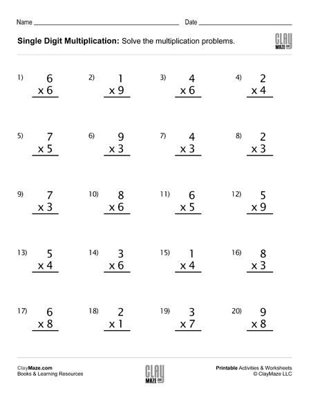 Single Digit Multiplication Worksheet  Set 1      Childrens