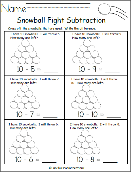 Snowball Fight Subtraction Math Worksheet