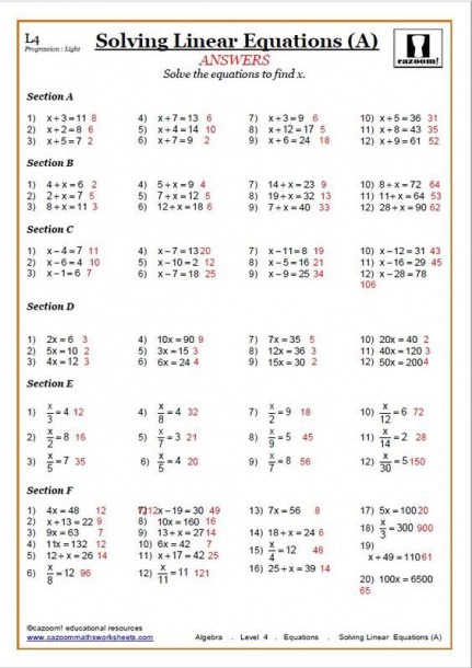 Solving Equations Worksheets