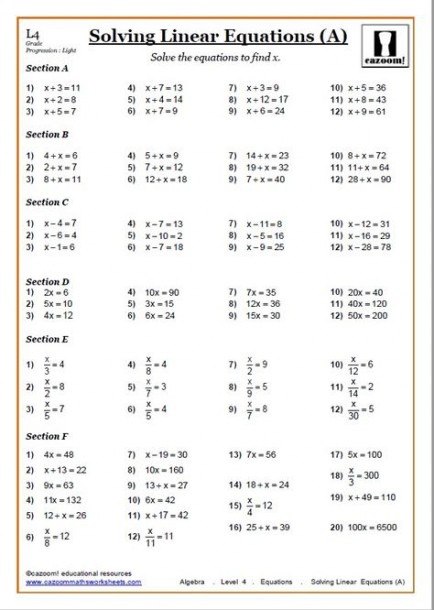 Solving Equations Worksheets