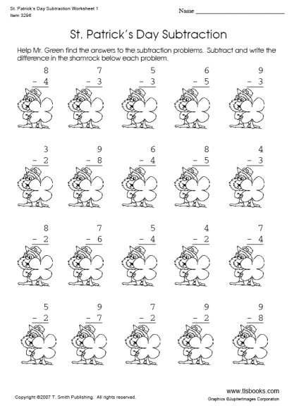 St  Patrick S Day Subtraction Worksheet 1