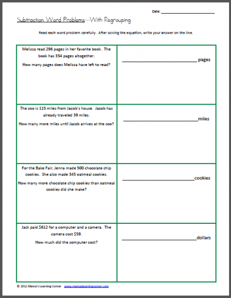 Subtraction Word Problems With Regrouping