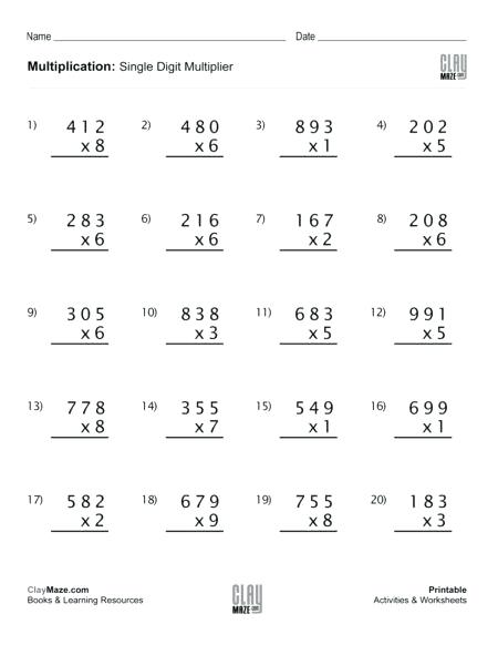 Three Digit By One Digit Multiplication Worksheets