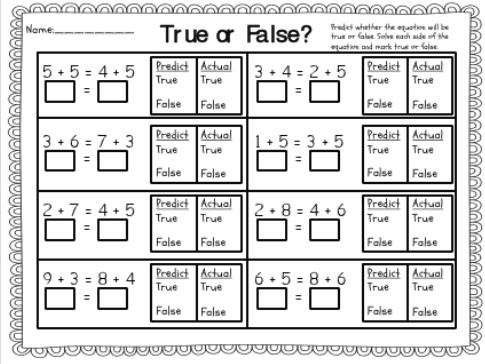 True Or False Equations First Grade