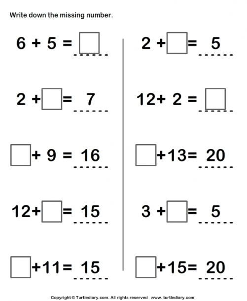 Write Missing Numbers In Addition Sentence Worksheet