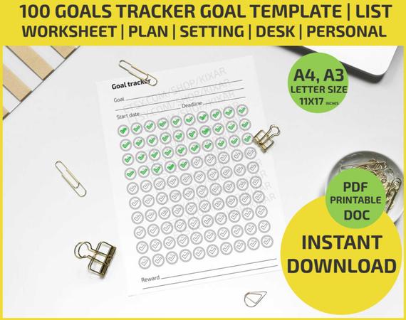 100 Goals Tracker Goal Template Coloring Printable Worksheet