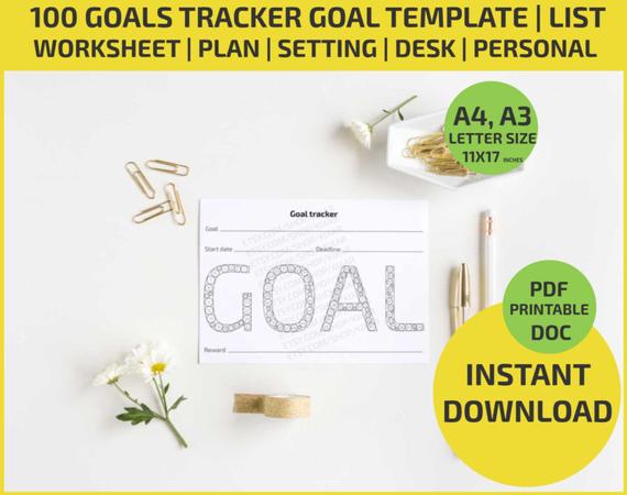 100 Goals Tracker Goal Template Coloring Printable Worksheet