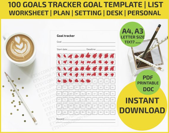 100 Goals Tracker Goal Template Coloring Printable Worksheet List