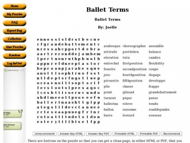 Ballet Terms Word Search 6th