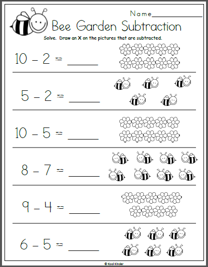 Bee Garden Subtraction Math Worksheet For Kindergarten