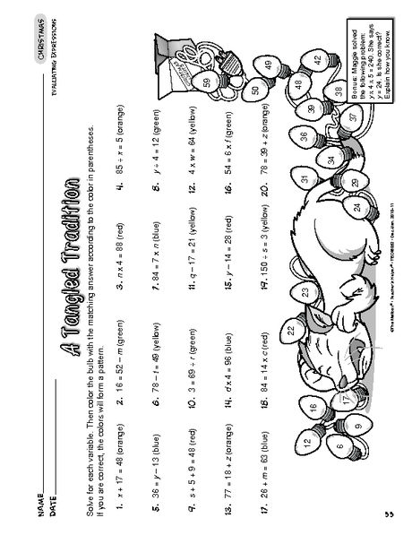 Christmas Worksheet  Evaluating Algebraic Expressions A Tangled