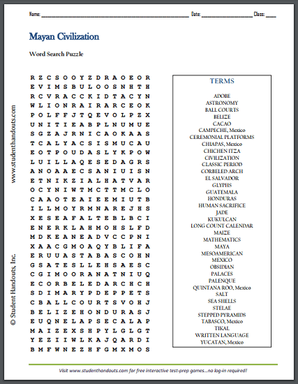 Civilization Of The Ancient Maya Word Search Puzzle