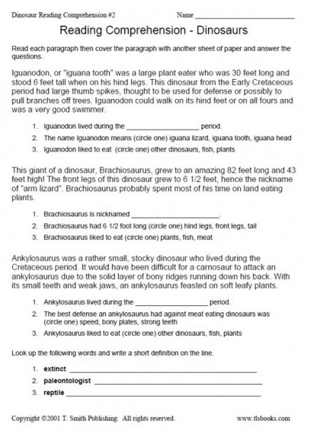 Dinosaur Reading Comprehension Worksheet 2
