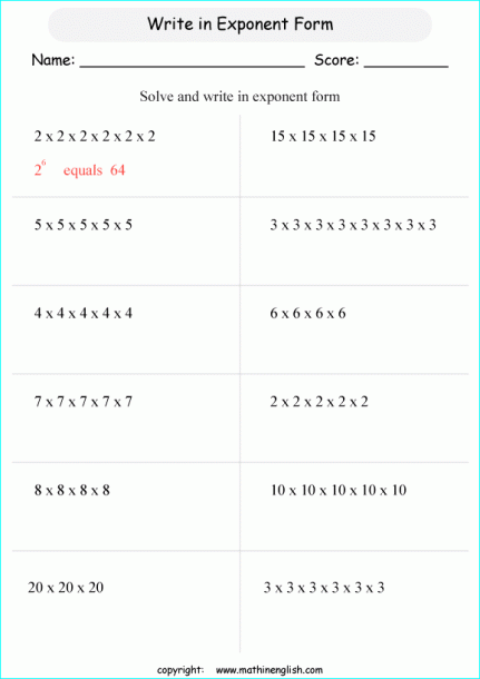 Exponent Form Printable Grade 0 Math Worksheet