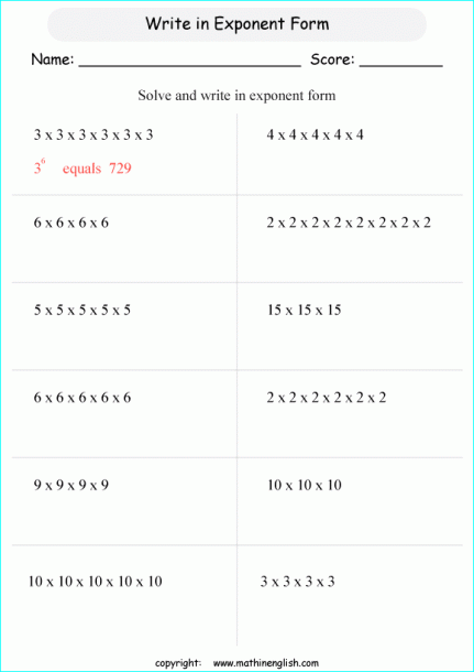 Exponent Form Printable Grade 6 Math Worksheet